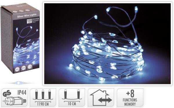 Hilo plata 120 micro leds 8 funciones luz blanca