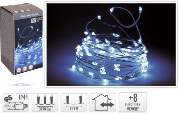 Hilo plata 320 micro leds 8 funciones luz blanca