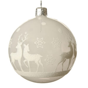 Bola blanca con renos y estrellas diam. 8 cm
